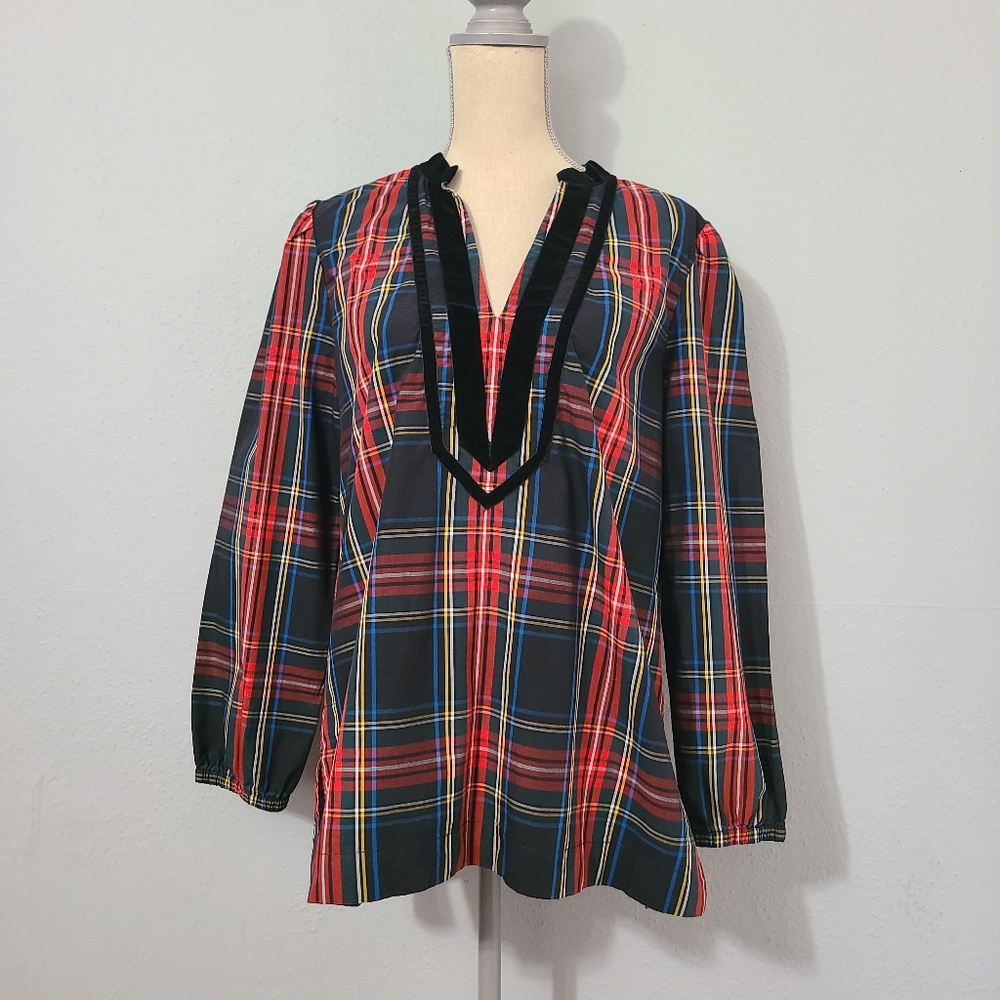 J Crew Velvet Tunic Black Stewart Tartan‎ Plaid Top Size Med